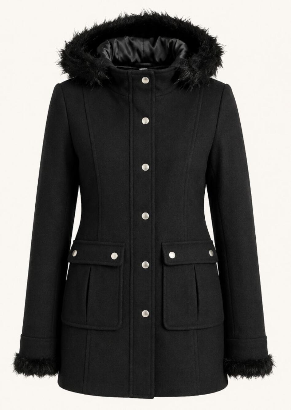 Express Black Wool Cashmere Blend Hooded Coat Faux Fur Size 6